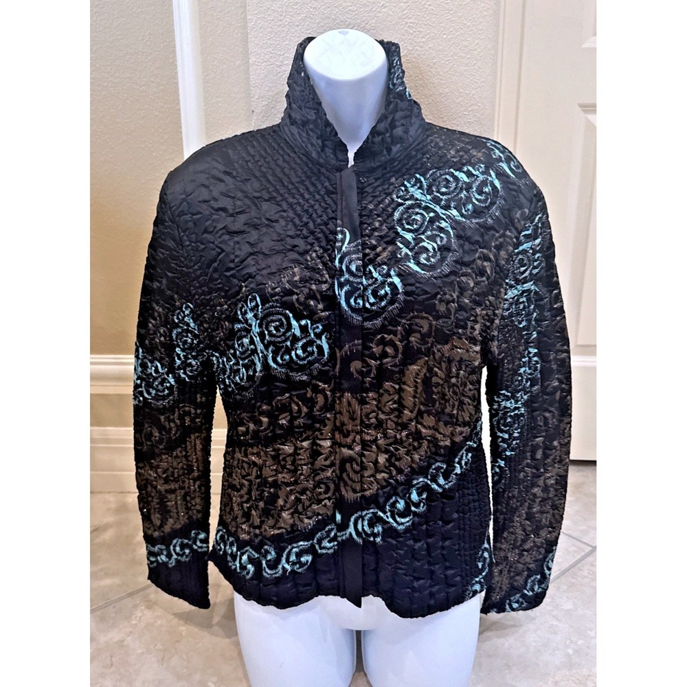 UBU Reversible Crinkle Jacket Black Bronze‎ Turquoise Scroll Mock Neck Small